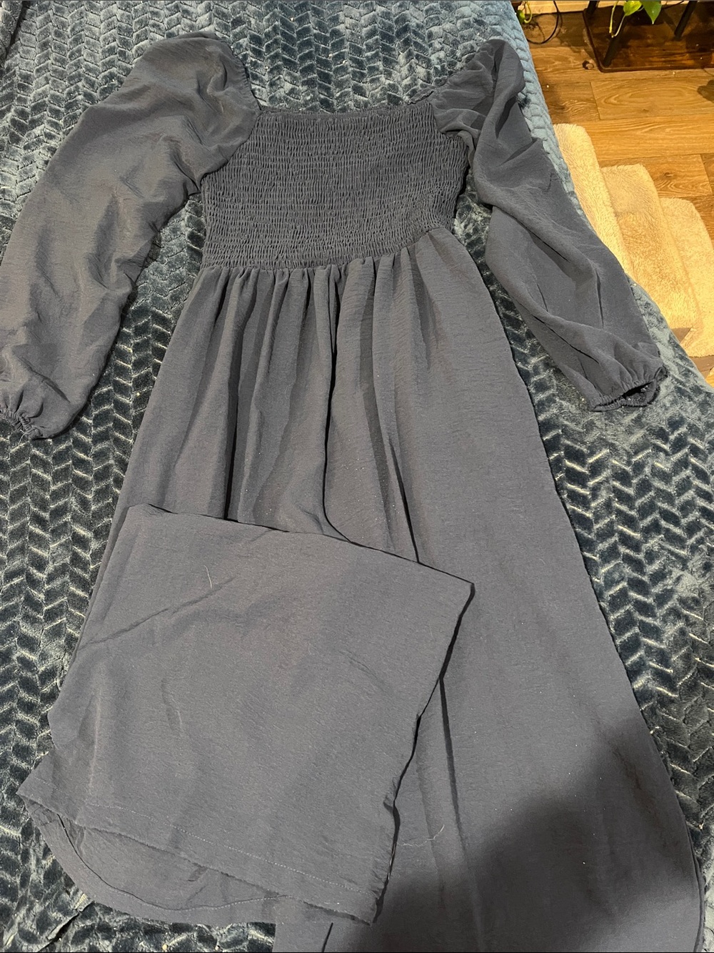 Navy Smocked Bodice Long Sleeve Dress